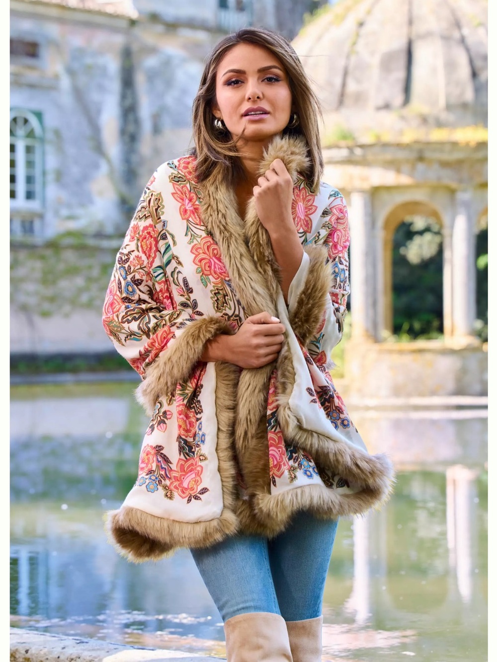Boston Proper Cream Floral Shawl with Tan Faux-Fur Trim